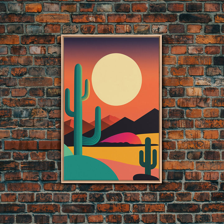 Pop Art Framed Canvas Print of Desert Landscape at Sunset, Outrun Style Sunset Full Moon Art, Unique 80s Vibe Retro Art, Art Deco