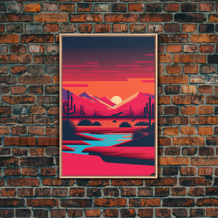 Retro Synthwave Desert Landscape Art, Framed Canvas Print, Unique Sunset Art, Living Room Wall Decor, Framed Art