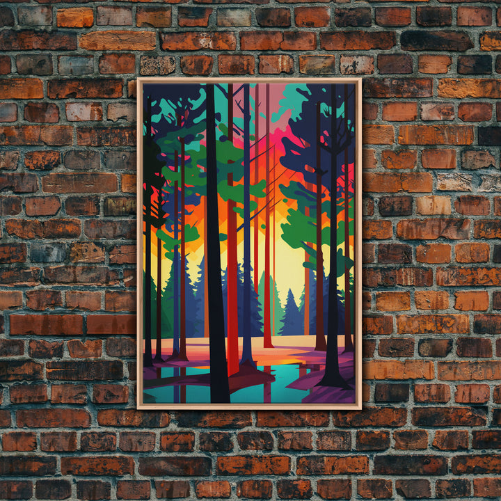 Silhouette Forest Landscape, Framed Canvas Print, Pop Art Minimalist Landscape Art