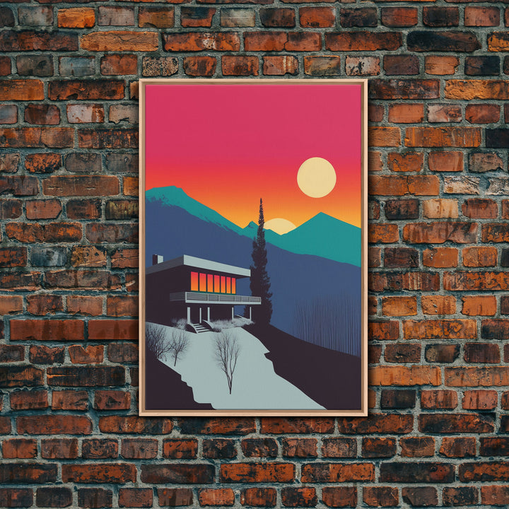 The Lodge, MCM Architecture Art, Framed Canvas Print, Midcentury Mountainside Villa, Colorado Rockies Pop Art