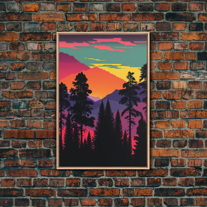 Pacific Northwest Pop Art, Framed Canvas Prints, Washington State, Pine Tree Forest and Mountain Landscape at Sunset, Vibrant Art