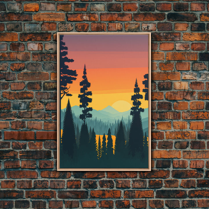 Oregon Landscape Pop Art, Framed Canvas Prints, Washington State, Pine Tree Forest and Mountain Landscape at Sunset, Vibrant Art