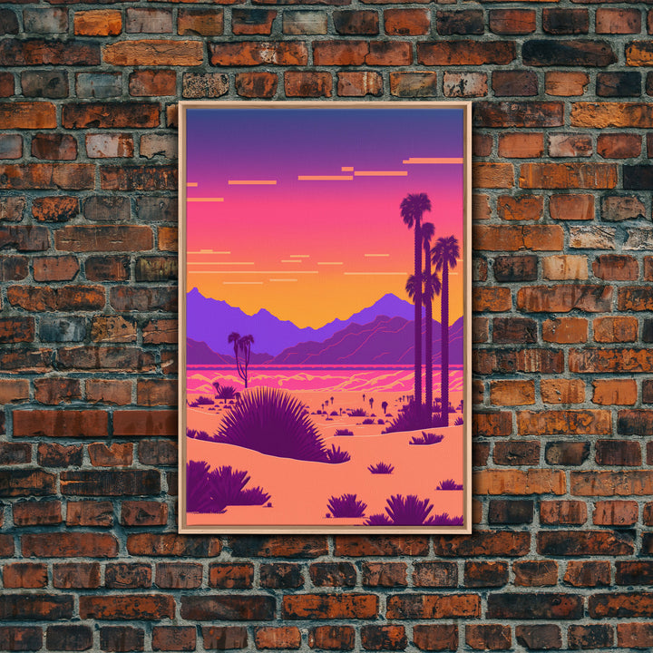 Retro Outrun Style Desert Landscape Print, Framed Canvas Art, Synthwave Style, Southwestern Decor, Western Art, Guest Room Decor