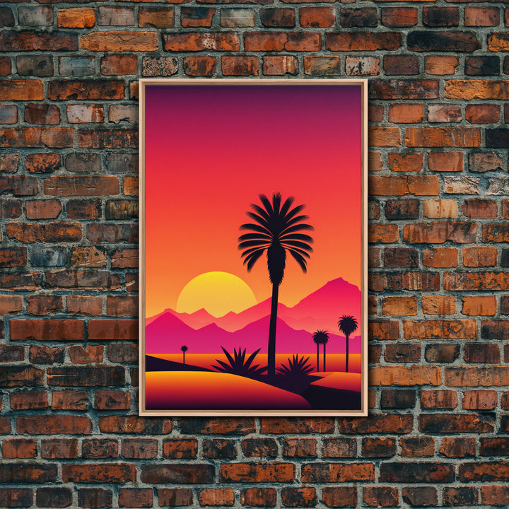 Palm Trees at Sunset, Synthwave Decor, 80s Retro Vibes Landscape Art, Framed Canvas Print