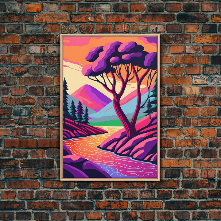 Surrealist Pop Art, Pink Fantasy Landscape Art, Framed Canvas Print