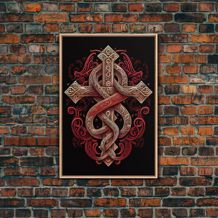 Cool Cross Art | Wall Art | Gothic Cross | Framed Canvas Print | Framed Art | Red and White Cross & Snake