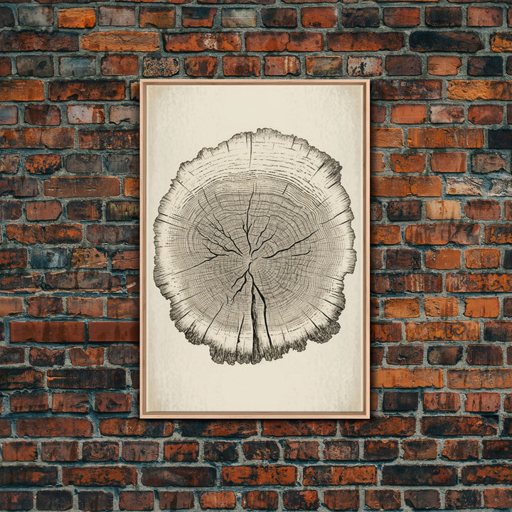 Framed Wall Art Canvas Print, Tree Cross Section, Tree Rings, Rustic Art, Farmhouse Decor, Oak Wood Tree Rings, Illustration, Gift For Him