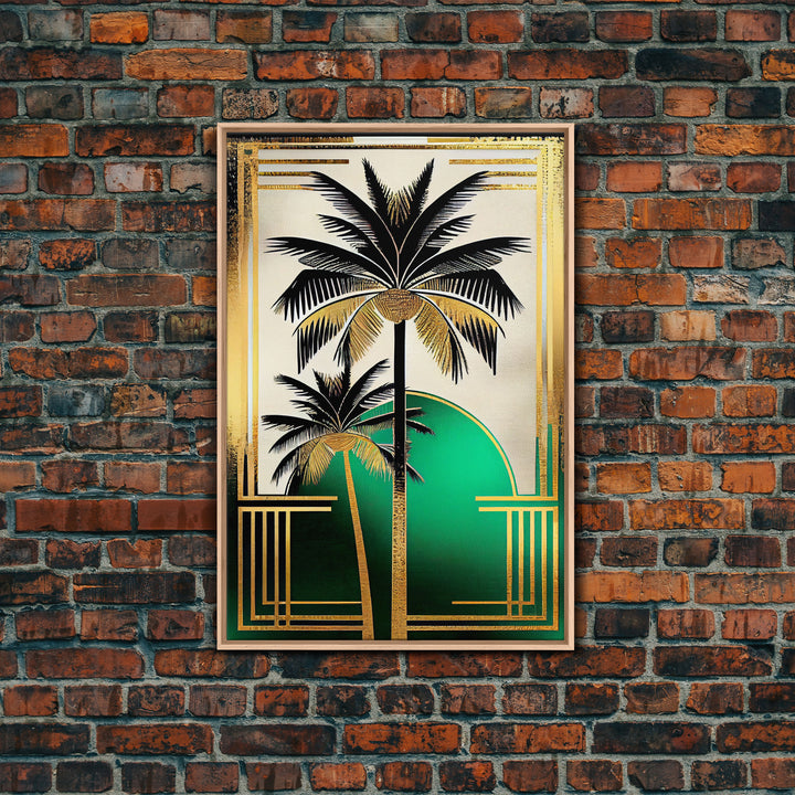 Boho Modern Frank Lloyd Wright-inspired Art Deco Canvas Print, Emerald Green and Gold Palm Tree, wall decor, wall art original, MCM Art