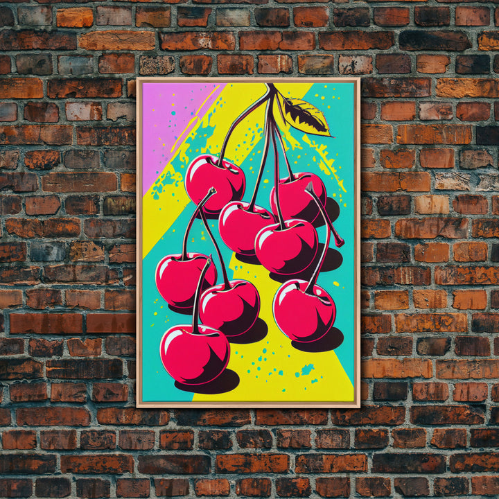 Pop Art Cherry Painting Canvas Print, Framed Art, MCM Style, Midcentury Modern Pop Art, Retro Comic Book Style Wall Art