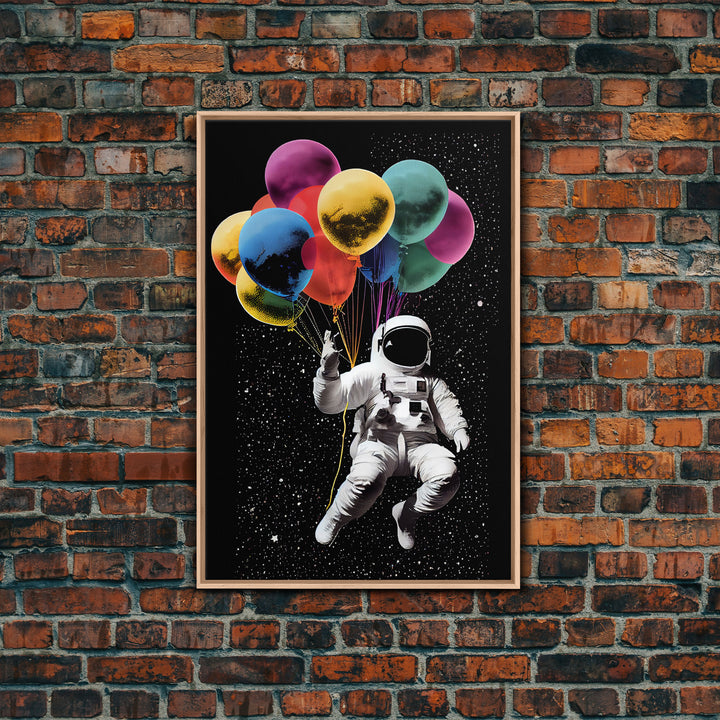 Urban Wall Art, Banksy Inspired, Astronaut Holding Colorful Balloons, Framed Canvas Print, Graffiti Art, Space Art