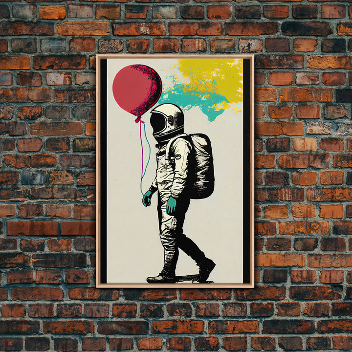 Urban Wall Art, Banksy Inspired, Astronaut Holding Colorful Balloons, Framed Canvas Print, Graffiti Art, Space Art