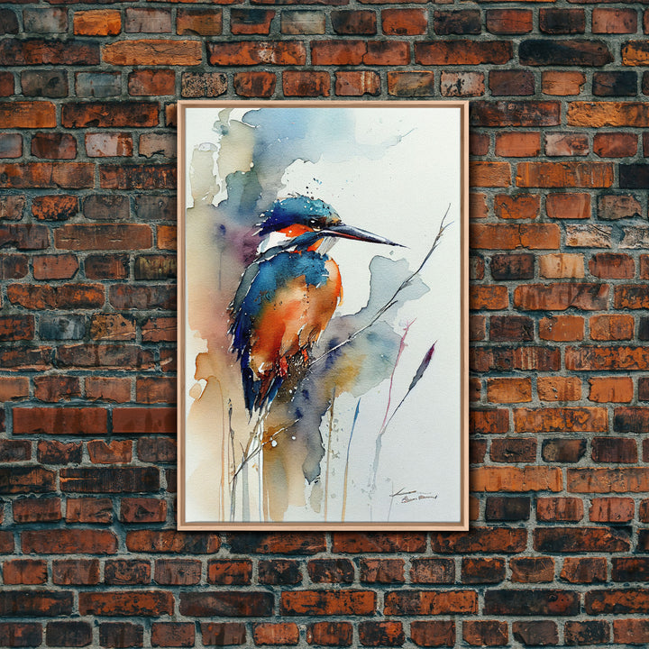 Watercolor of a Kingfisher, Framed Canvas Print, Bird Painting, Bird Watcher Art, Blue and Orange Kingfisher Watercolor Painting