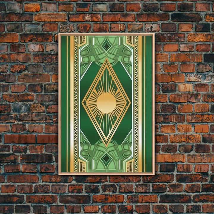 Midcentury Modern Wall art, Framed Canvas Print, Art Deco, Gold & green art, Framed painting, Original painting, Office decor, Geometric art