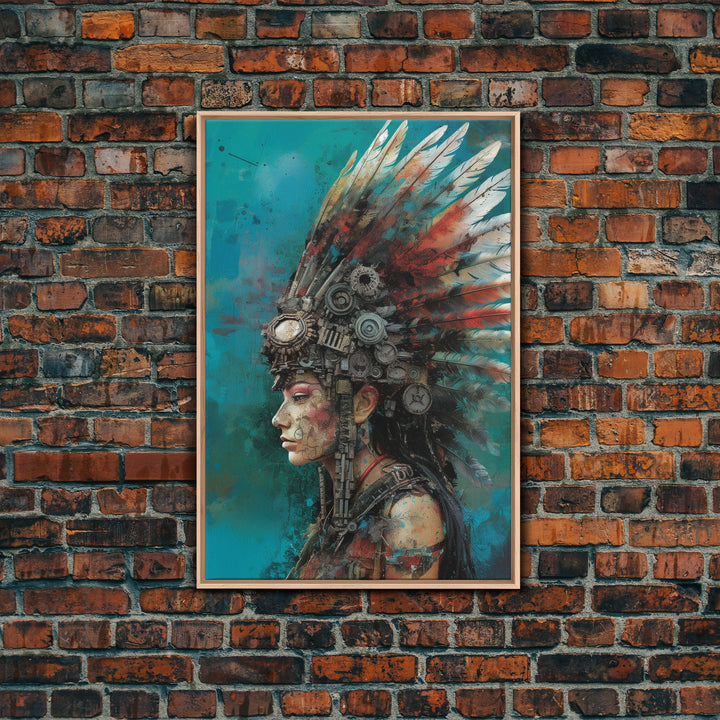 Steam Punk Native American Headdress, Framed Canvas Print, Abstract Art, Native American Futurism Art