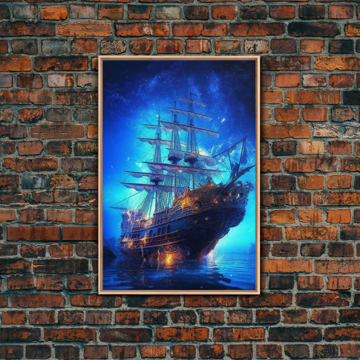 Haunted Pirate Ghost Ship Under The Night Sky, Framed Canvas Print, Fantasy Wall Art, Wall Decor, Pirate Wal Art, Gift For Him, Kid's Room