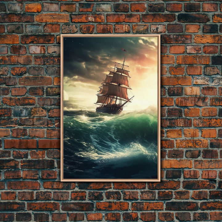 Haunted Pirate Ghost Ship On Rough Seas, Framed Canvas Print, Fantasy Wall Art, Wall Decor, Pirate Wal Art, Gift For Him, Kid's Room