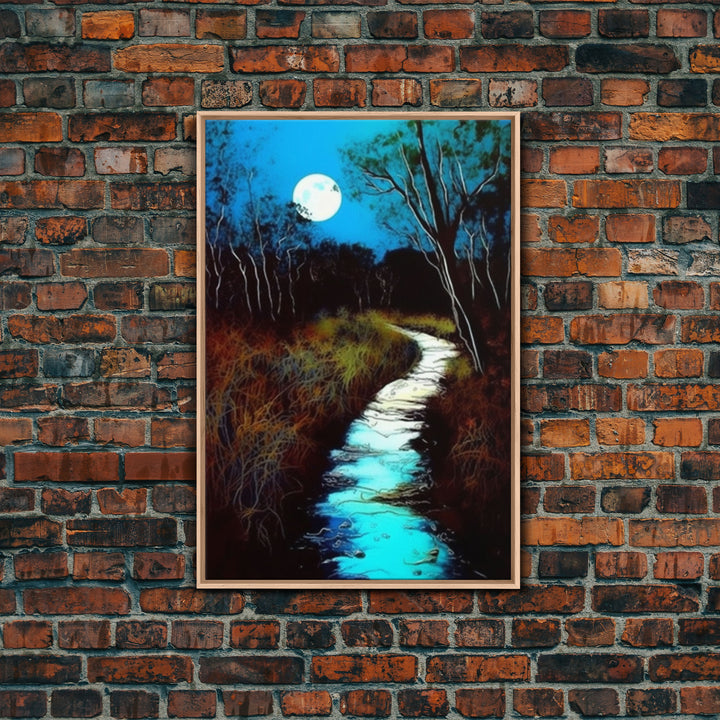 Spooky Art, Full Moon Over a Calm Stream At Night, Framed Canvas Print, Nature / Landscape Painting