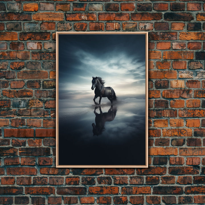 Majestic Black Stallion Galloping In The Clouds - Black Horse On Salt Flats - Framed Canvas Print - Nature Photography Art