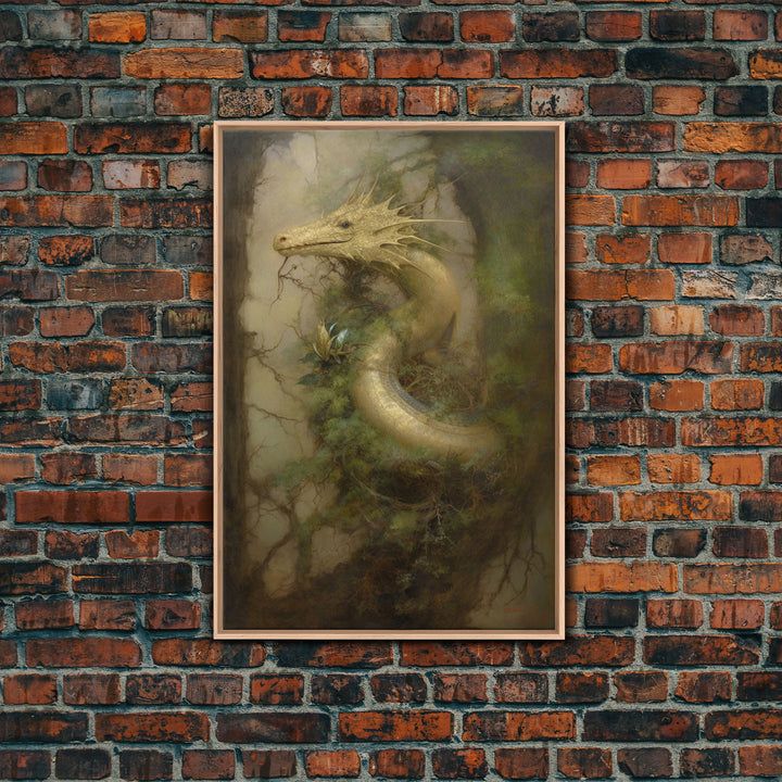 Majestic Green Dragon Wall Art, Framed Canvas Print, Dragon Fantasy Painting, Garden Dragon Abstract Fantasy Art