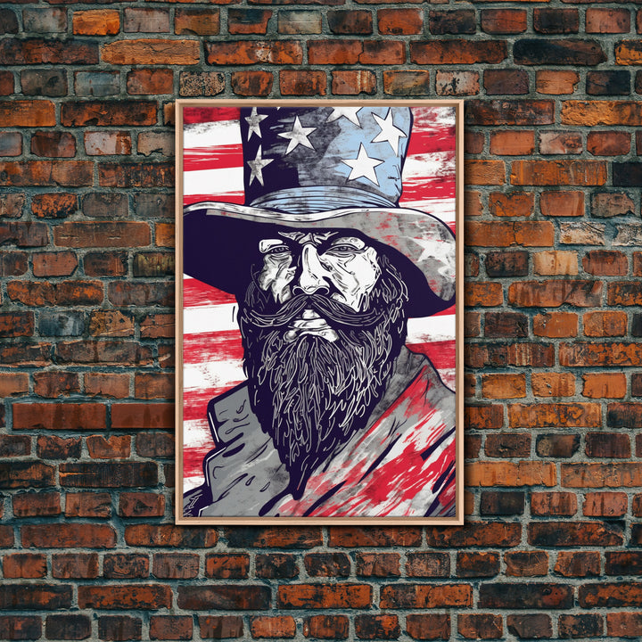 Wild West Uncle Sam Portrait, Patriotic Art, Framed Canvas Print, Stars and Stripes, Wall Art, Wild West Decor