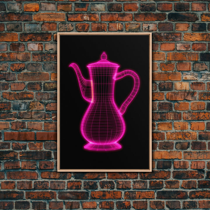 Pink 3D Cofee Pot Wall Art, Kitchen Wall Decor, 3D Art, Neon Lights, Minimalist Print, Wall Decor, Canvas Print, Wall Art, Framed Canvas