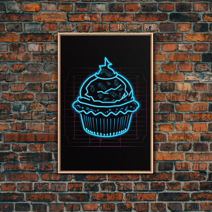 Teal Neon Lights Cupcake Wall Decor, Kitchen Wall Art, Glowing Art, Minimalist Print, Wall Decor, Canvas Print, Wall Art, Framed Canvas