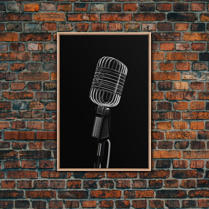 Silver Retro Microphone Wall Art, Mic Wall Art, Music Room Wall Art, Minimalist Print, Wall Decor, Canvas Print, Wall Art, Framed Canvas