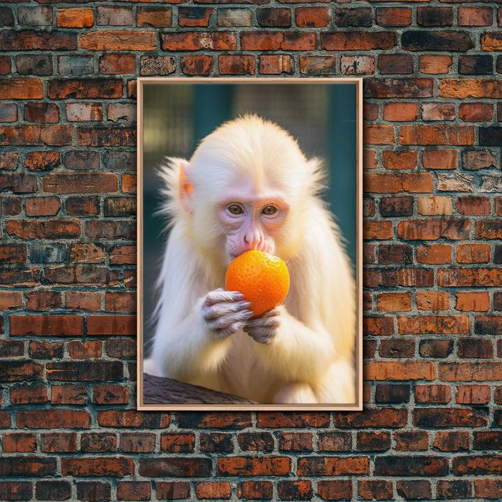 White Monkey Wall Decor, Albino Monkey Wall Art, Monkey Eating Orange, Animal Wall Art, Wall Decor, Canvas Print, Wall Art, Framed Canvas