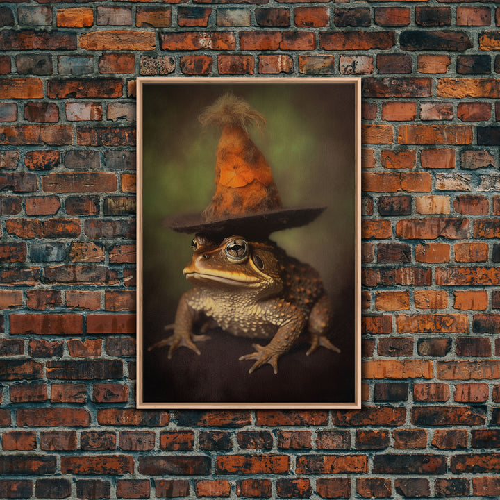 Frog Wall Art, Frog Wearing Witch Hat, Funny, Animal Wall Art, Nature, Modern Print, Wall Decor, Canvas Print, Wall Art, Framed Canvas