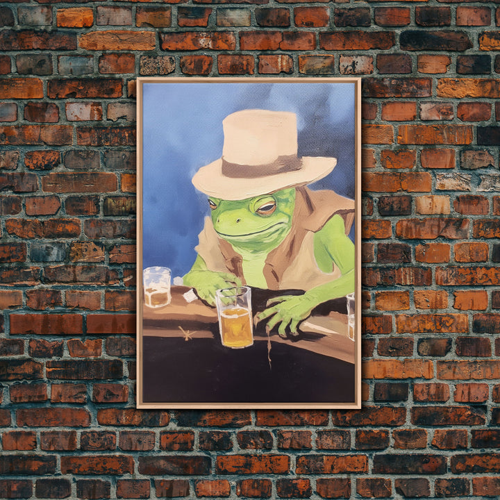 Sad Cowboy Frog Havin' a Beer, Cowboy Frog Framed Canvas Print