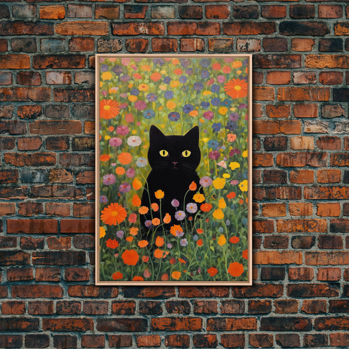 Gustav Klimt Inspired Garden Cat, Funny Black Cat Art, Framed Canvas Print, Fine Art Poster, Cute Cat Art, Funny Gift, Funny Cat Prints