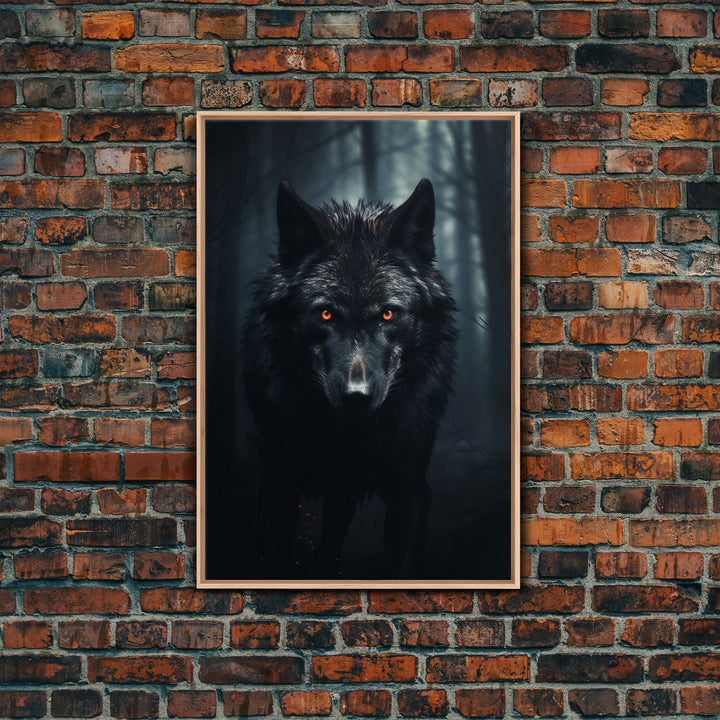 Red Eyed Wolf Print, Black Wolf On The Hunt, Framed Canvas Art