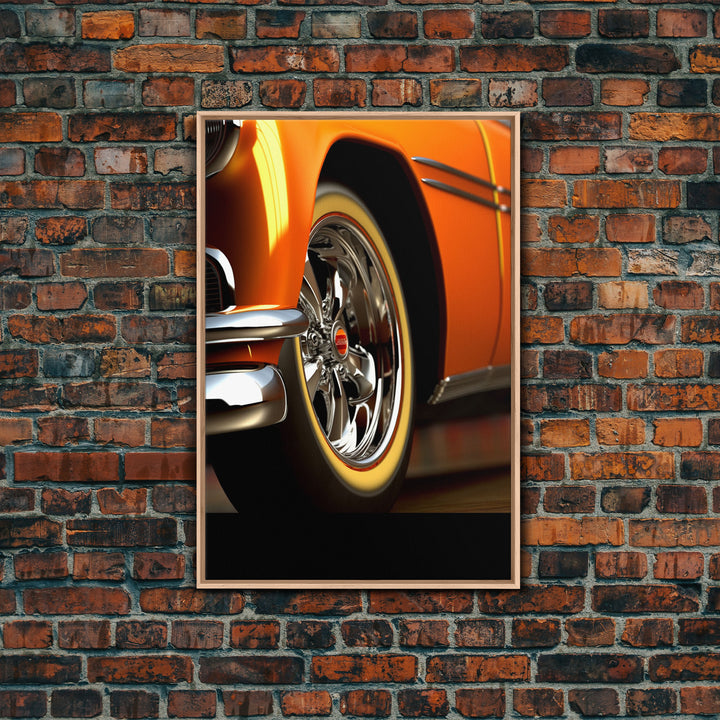 Hot Rod Art, Hot Rot Photography Print, Framed Canvas or Poster, Close Up Shot Of 1950s Hot Rod Chrome Rims, Orange Hot Rod, Gift For Him