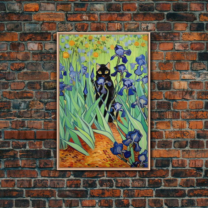 Funny Cat Print, Vincent Van Gogh Inspired Irises Black Cat Wall Art, Framed Canvas Print, Poster Art, Funny Gift, Home Decor Wall Art