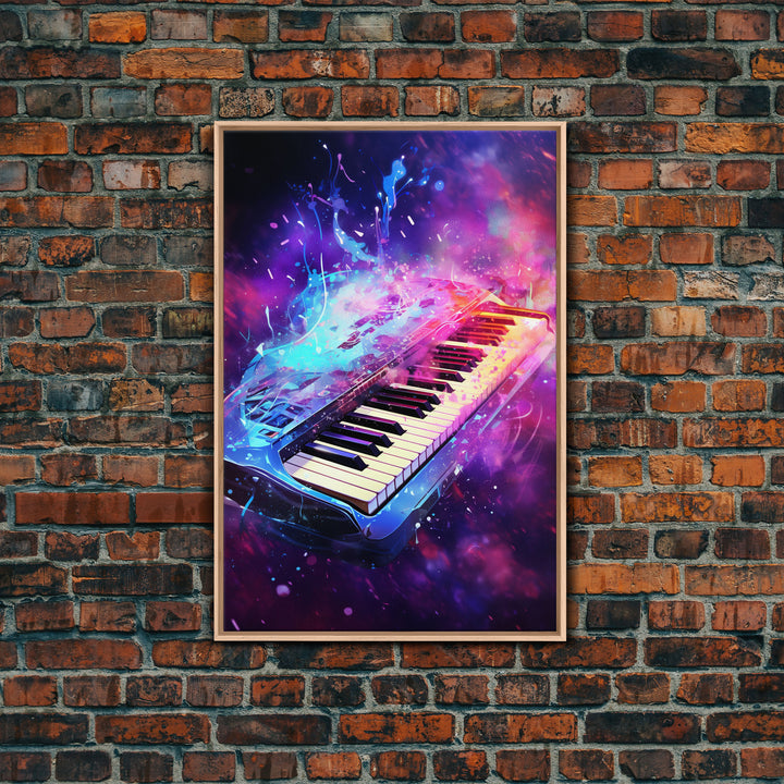 Cosmic Keyboard, Galaxy Music Art Framed Canvas Print, Electric Keyboard, Instrument Art, Studio Wall Decor