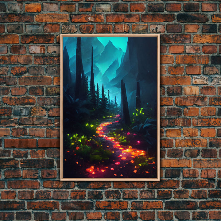 Luminescent magical forest canvas print, glowing trail though the trees, fantasy art