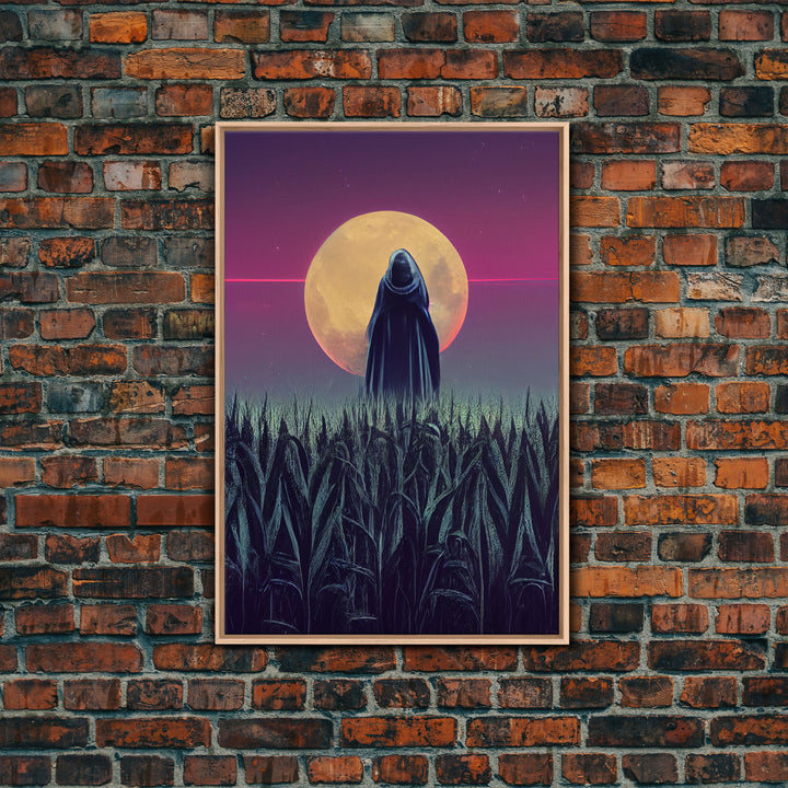 Spooky scarecrow in a corn field canvas print, full moon, Halloween art, scary art