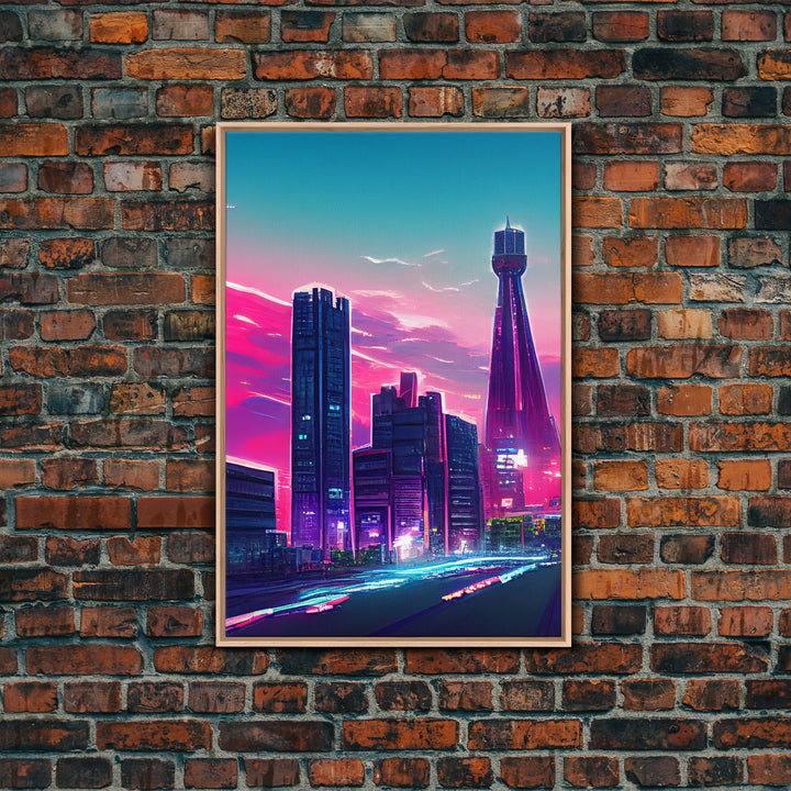 Vaporwave aesthetic wall art, cyberpunk city poster art, cool living room art, synthwave wall art, retro 80s style cyberpunk fine art print