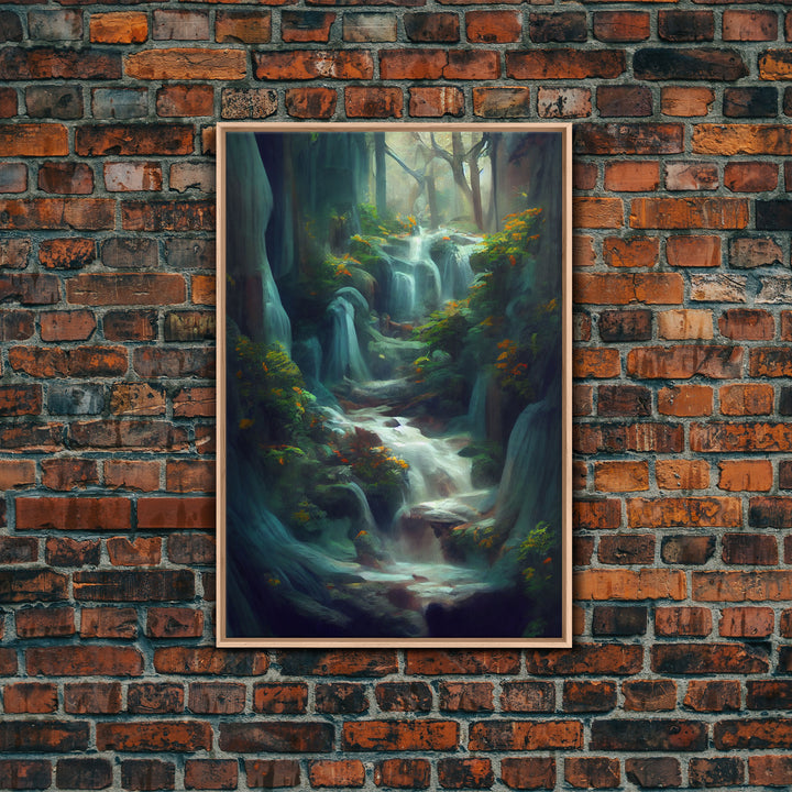 Waterfall painting canvas print, fantasy wall art, watercolor print, high fantasy, nature landscape wall art for living room