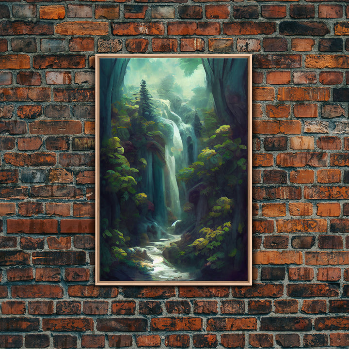 Waterfall canvas print, fantasy wall art, watercolor print, high fantasy, nature landscape living room wall art