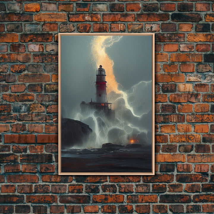 Lighthouse Oil Painting Canvas Print, Lightning striking a lighthouse during a dark stormy night, gloomy wall art