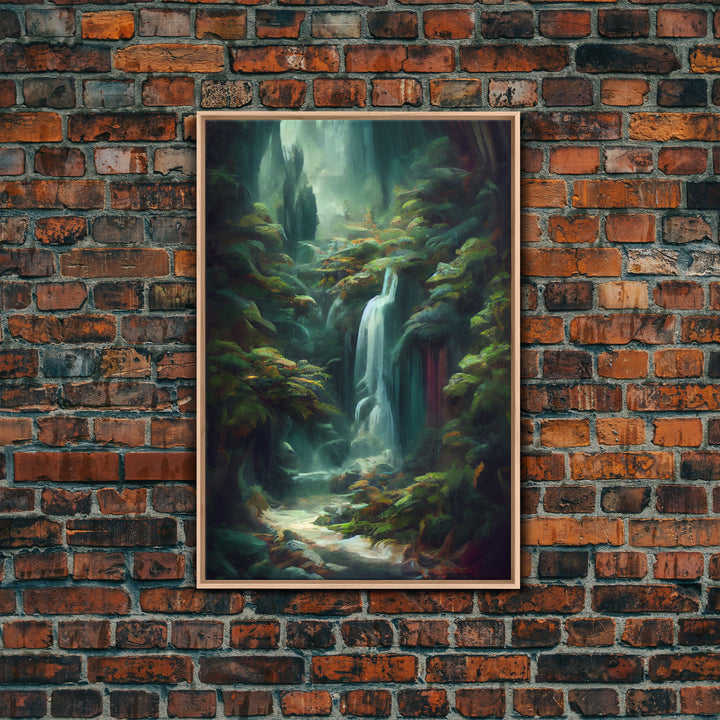 Waterfall in the forest canvas print, fantasy wall art, watercolor print, high fantasy, nature landscape living room wall art