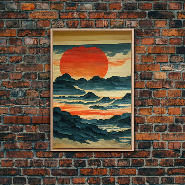 Hokusai style wall art, sunrise over the mountains, canvas print, woodblock print style art, Japanese style wall art