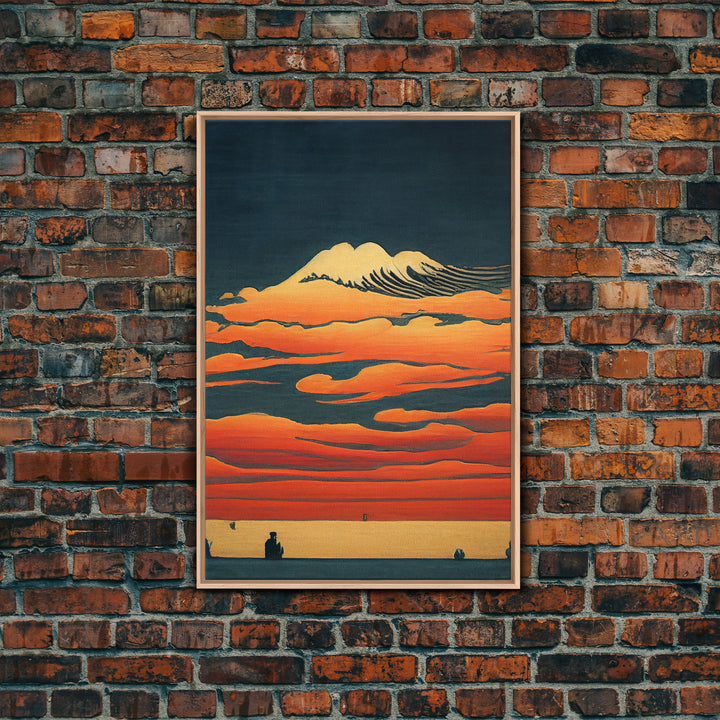 Retro Japanese style wall art, sunrise over the mountains, canvas print, woodblock print style art, Hokusai vintage style wall art