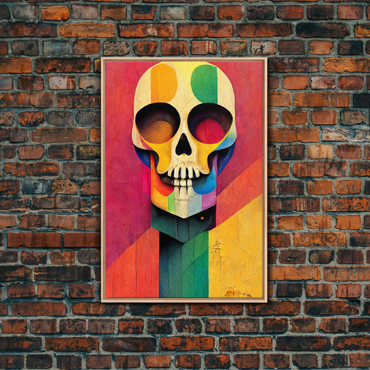 Cool Skull art, canvas print, sugar skull wall decor, skeleton face painting, abstract art deco style Halloween art