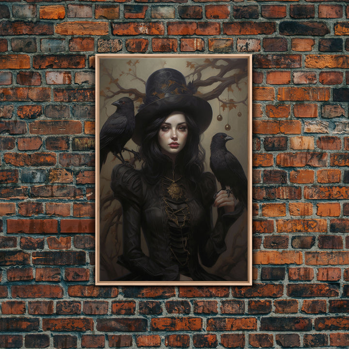 The Witch and Her Ravens, Framed Canvas, Oil Painting Print, Halloween Decor, Gothic Art, Dark Academia, Witchcraft Halloween Art