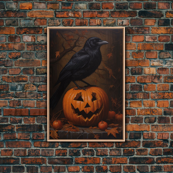 Crow Atop A Jack O Lantern, Framed Canvas Print, Halloween Decor, Raven Painting, Victorian Oil Painting Print, Macabre Horror Print