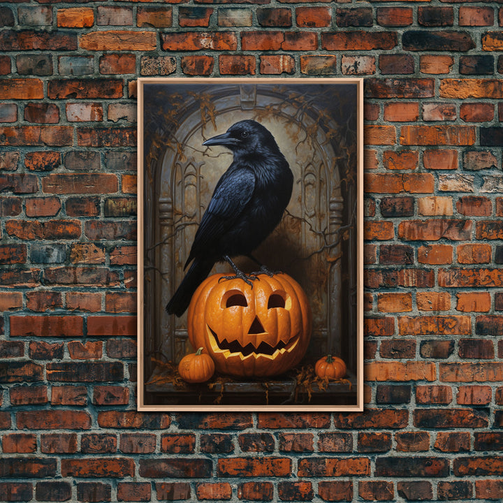 Macabre Crow Atop A Jack O Lantern, Framed Canvas Print, Halloween Decor, Raven Painting, Victorian Oil Painting Print, Macabre Horror Print