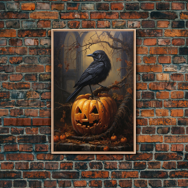 Raven Atop A Jack O Lantern, Framed Canvas Print, Halloween Decor, Raven Painting, Victorian Oil Painting Print, Macabre Horror, Witch Art