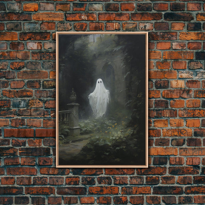 The Ghost In The Garden, Halloween Canvas Print, Framed Canvas Art, Halloween Decor, Dark Academia, Horror Prints, Oil Painting